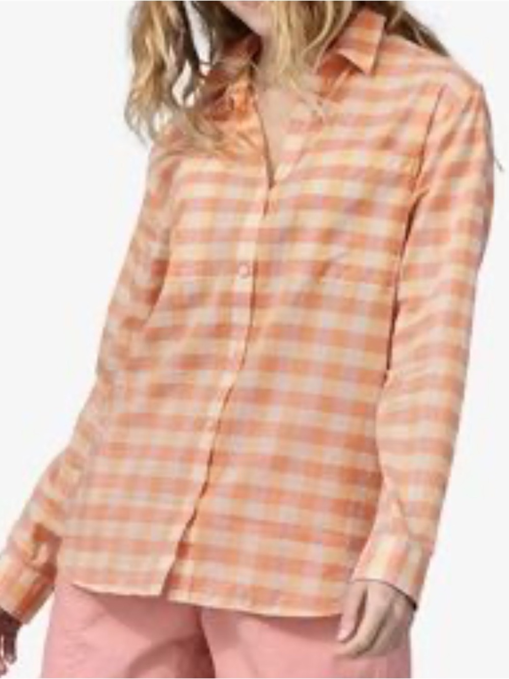 Patagonia women’s lightweight  button-down shirt, pink, yellow, , pockets size L